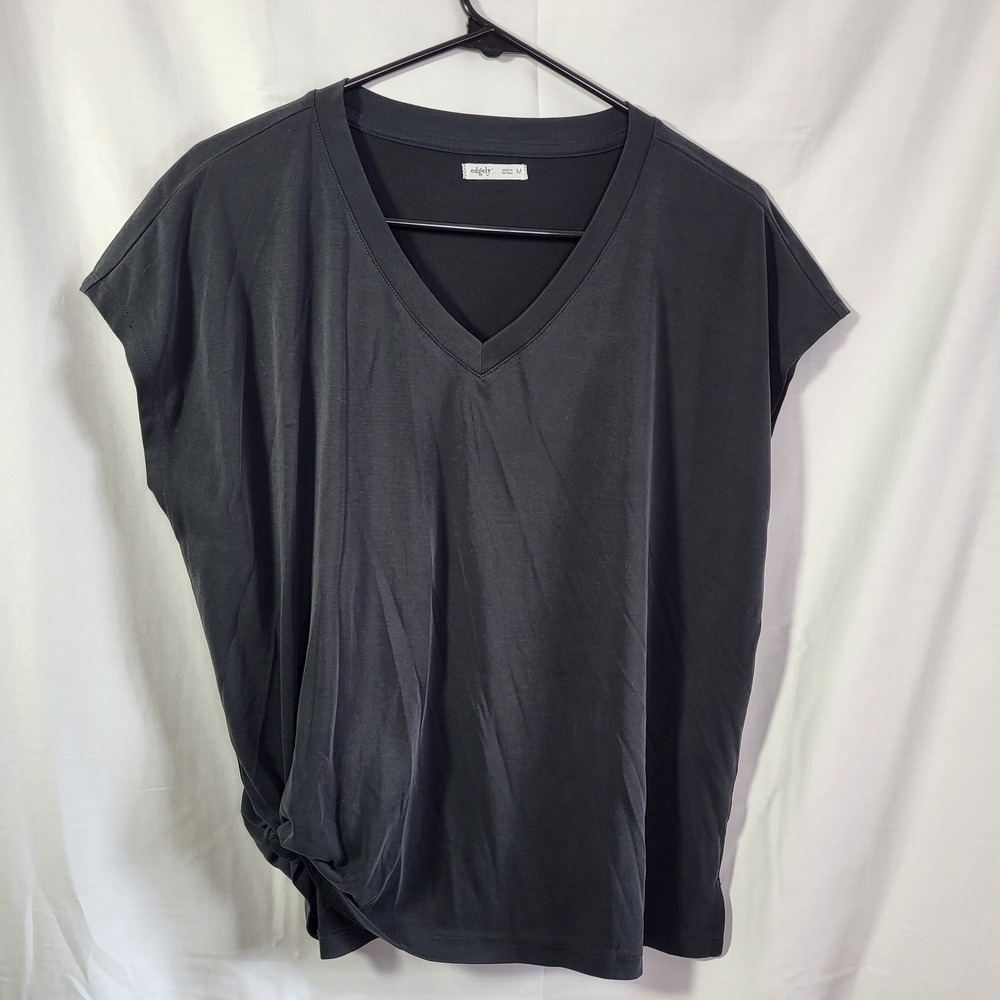 Edgely Black Side Knot V-Neck Top‎ Womens Medium Modal Blend Cap Sleeve Tee